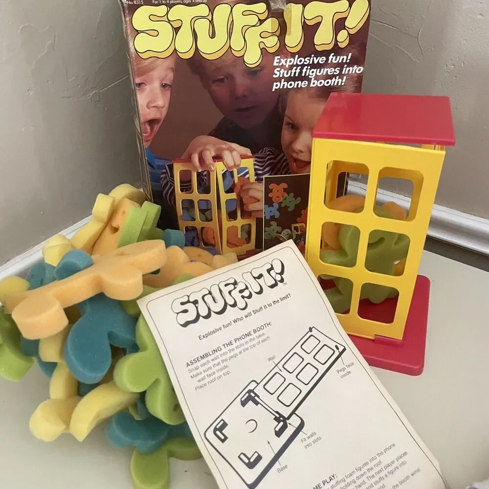 Vintage 1982 STUFF IT - game. Toddler soft plush & phone booth game